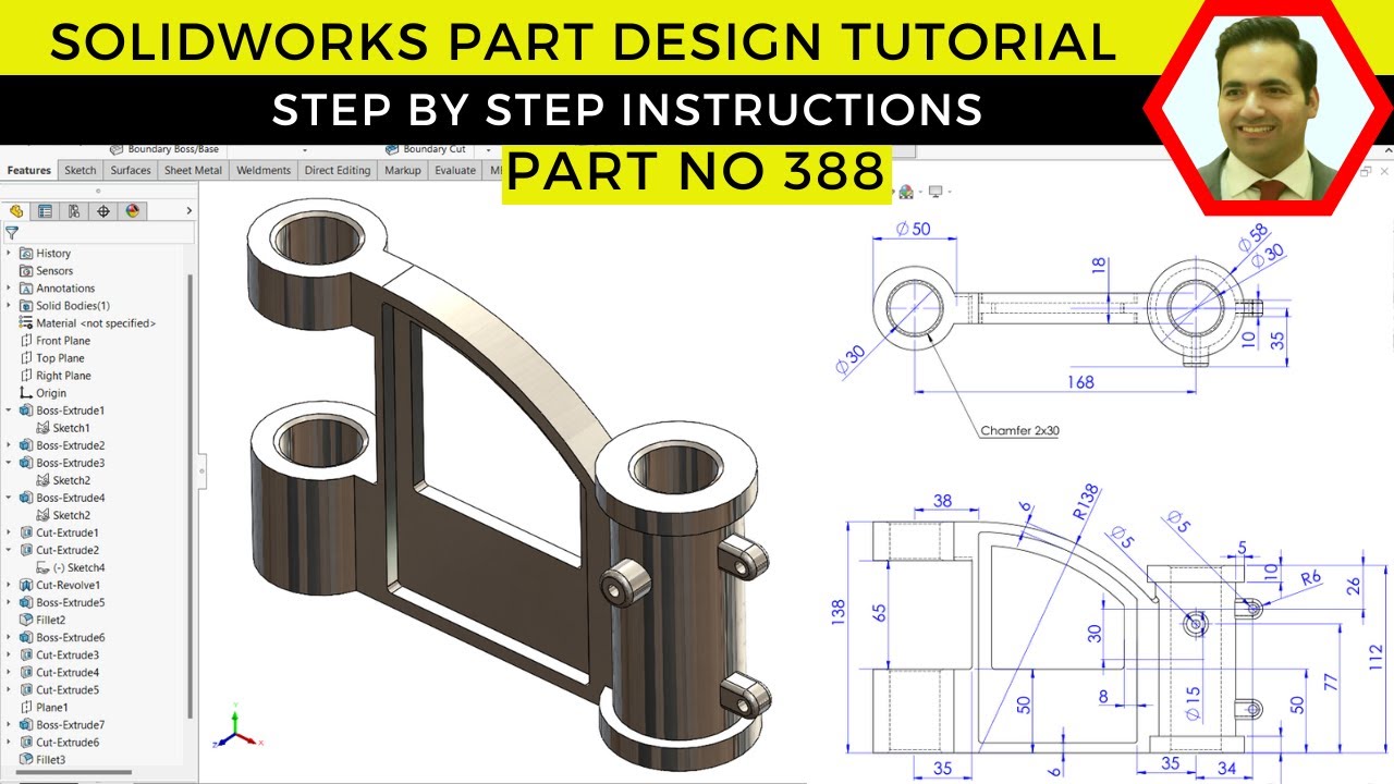 SolidWorks Tutorial: How to Model a Bracket with Bosses, Holes ...