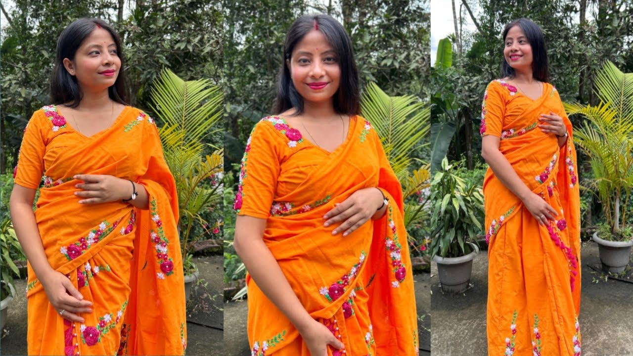 Ribbon ৰে Design কৰা এযোৰ বোৱা মেখেলা চাদৰ। Ribbon Embroidery Mekhela Sador Design ।