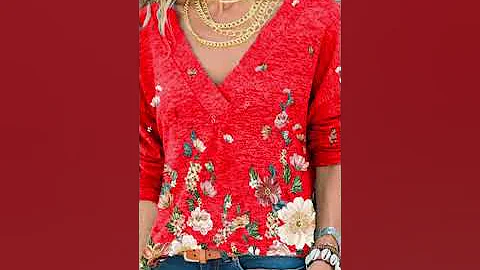 Plus Size V-neck Flower Print Long-sleeved Casual Loose T-shirt