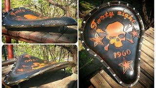 Изготовление седла для мотоцикла, тиснение на коже. Custom solo seat bobber.