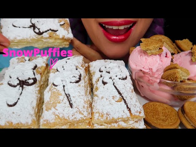 ASMR SNOW PUFFIES, STRAWBERRY ICE CREAM OREO 하와이 스노우 퍼프 먹방 |CURIE.ASMR