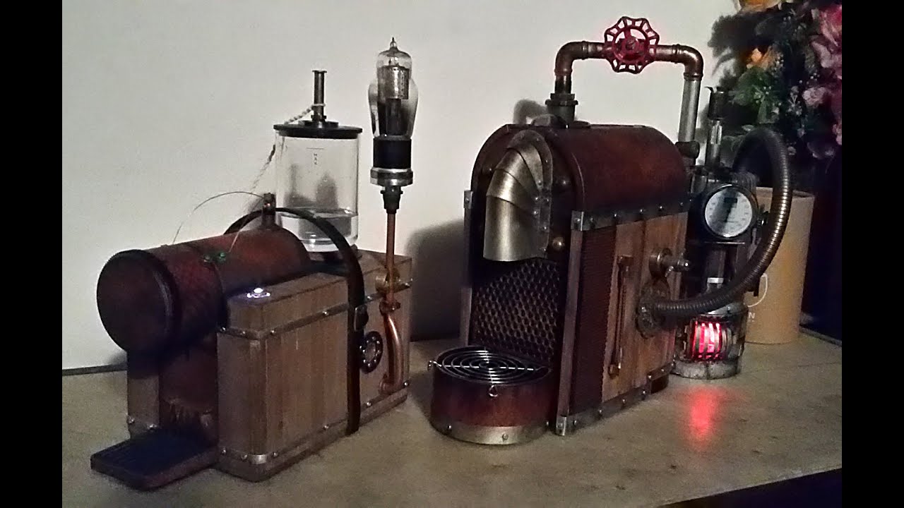 Delta Qlip Steampunk Coffee Machine working, details about the DIY