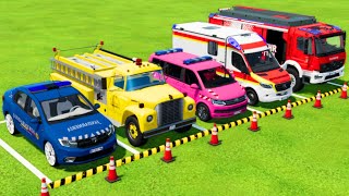 TRANSPORTING POLICE CARS, AMBULANCE, FIRE DEPARTMENT VEHICLES WITH TRUCKS ! Farming Simulator 22