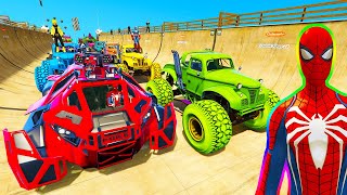 Spiderman Cars Monster Trucks Soccer Ramp Challenge ! Superhero Greeen Goblin Fire Trucks - Gta V