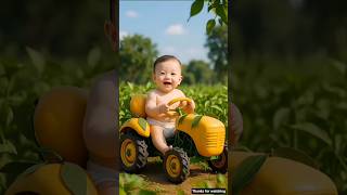 A small cute baby riding a tractor made up of mongo 😱😱