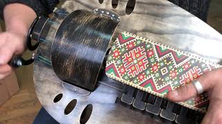 handmade wooden hurdy-gurdy / ukrainian embroidery / black gurdy