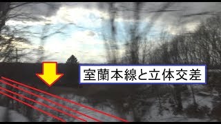 雪原の原生林が広がる千歳線と室蘭本線の立体交差地点～合流地点を走行する特急スーパー北斗キハ281系の車窓