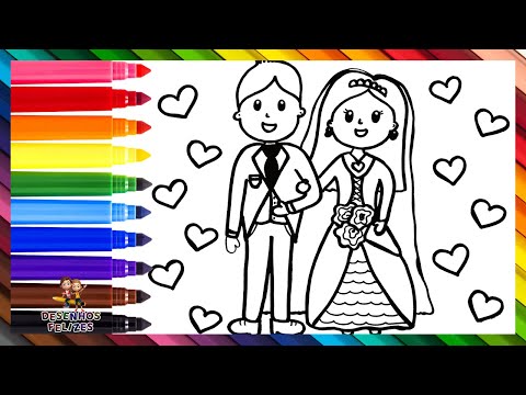 Desenhar e Colorir um Casal Recém Casado Um Noivo e uma Noiva 🤵👰💍❤️🧡💛💚💙💜🌈 Desenhos para Crianças