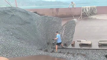 Barge unloads 3200 tons of small cobblestone - relaxing video, wonderful smooth flow