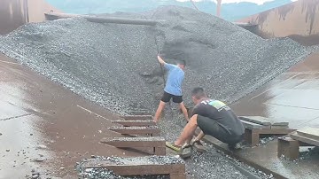 Barge unloads 3200 tons of small cobblestone - relaxing video, wonderful smooth flow