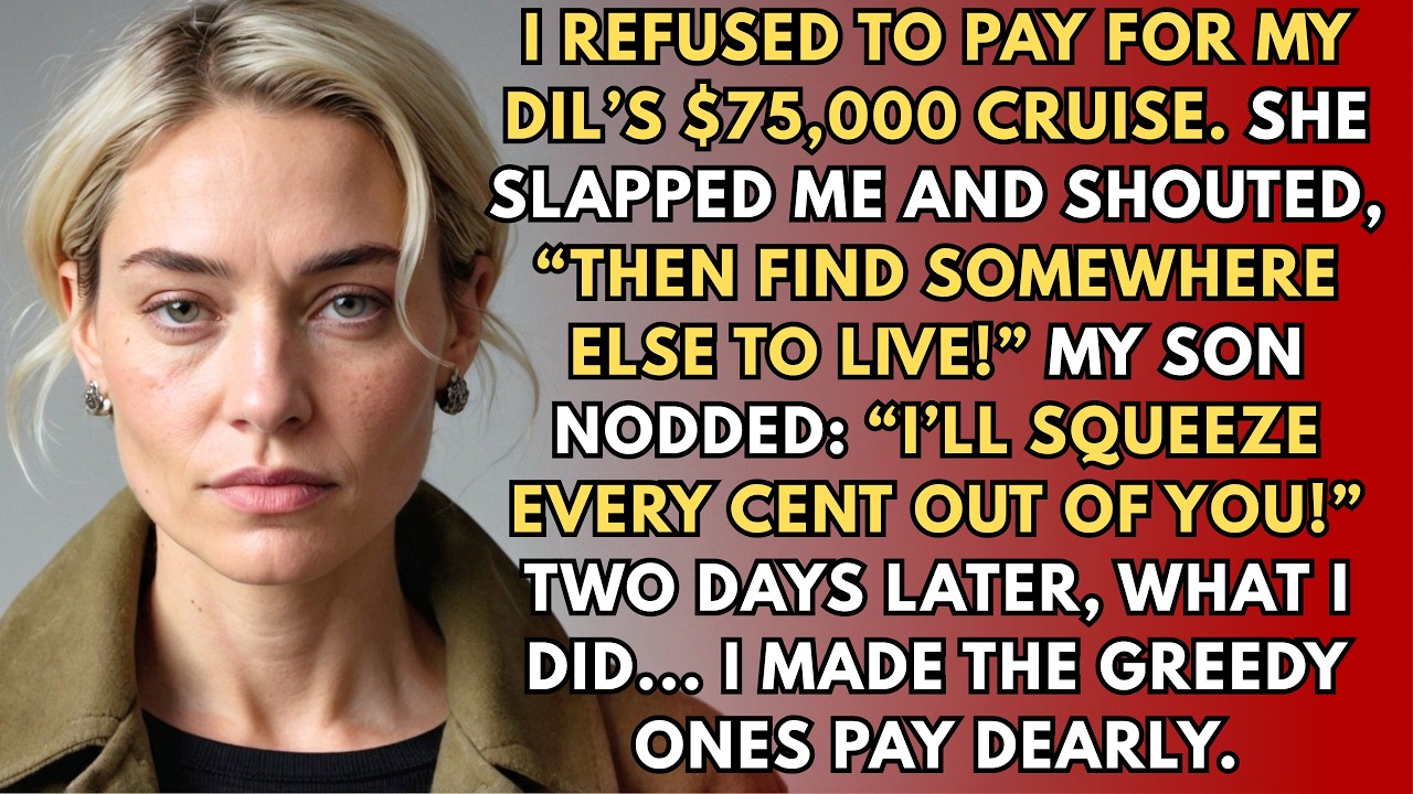 My son's wife slapped me across the face because I refused to pay for their $75,000 cruise, and all my son did was nod. "Then find somewhere else to live," she screamed, seeing me only as an ATM....