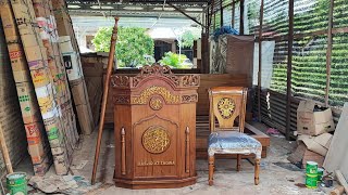 Podium Mimbar Full Set Kursi Plus Tongkat Ukiran Mewah Minimalis Kayu Jati Furniture Jepara