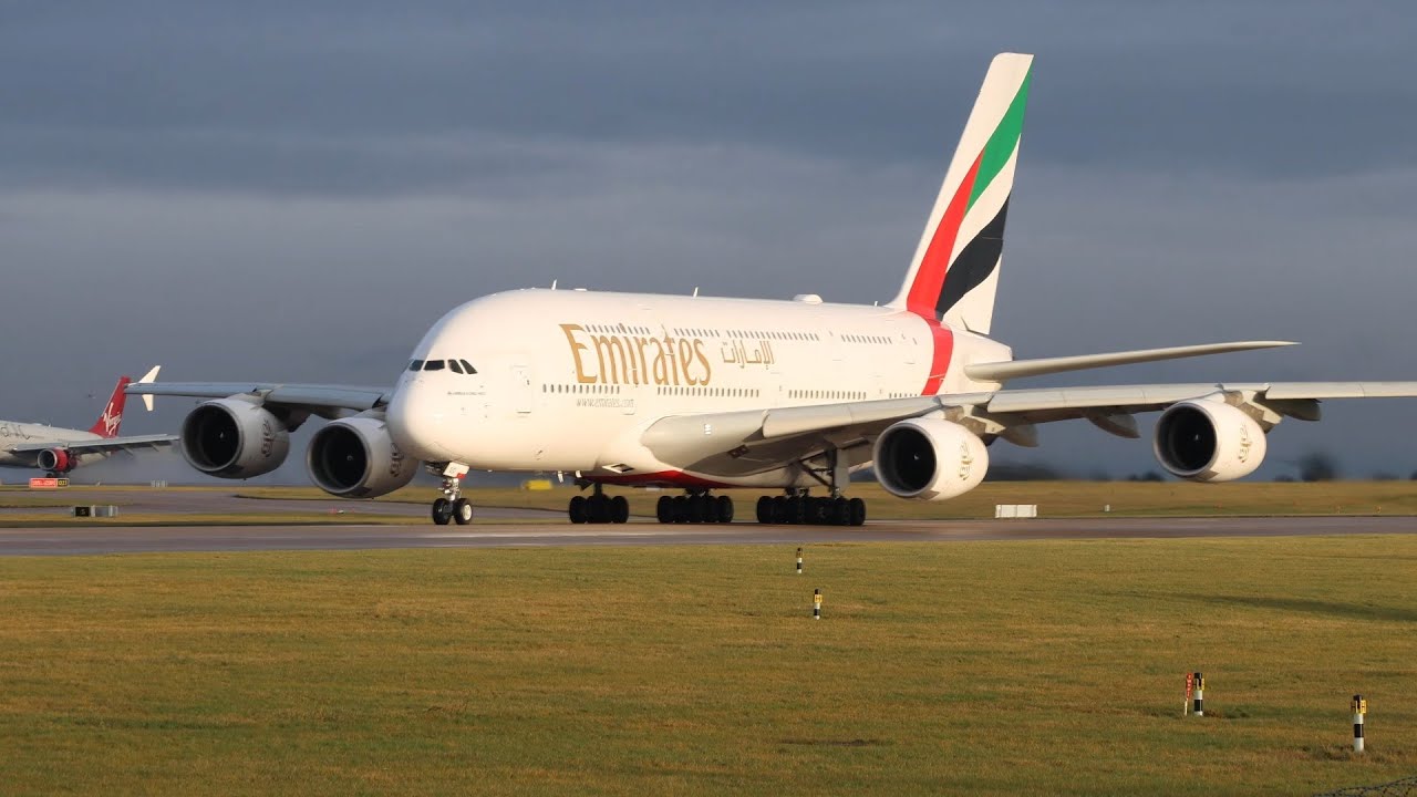Emirates A380 departing Manchester Airport