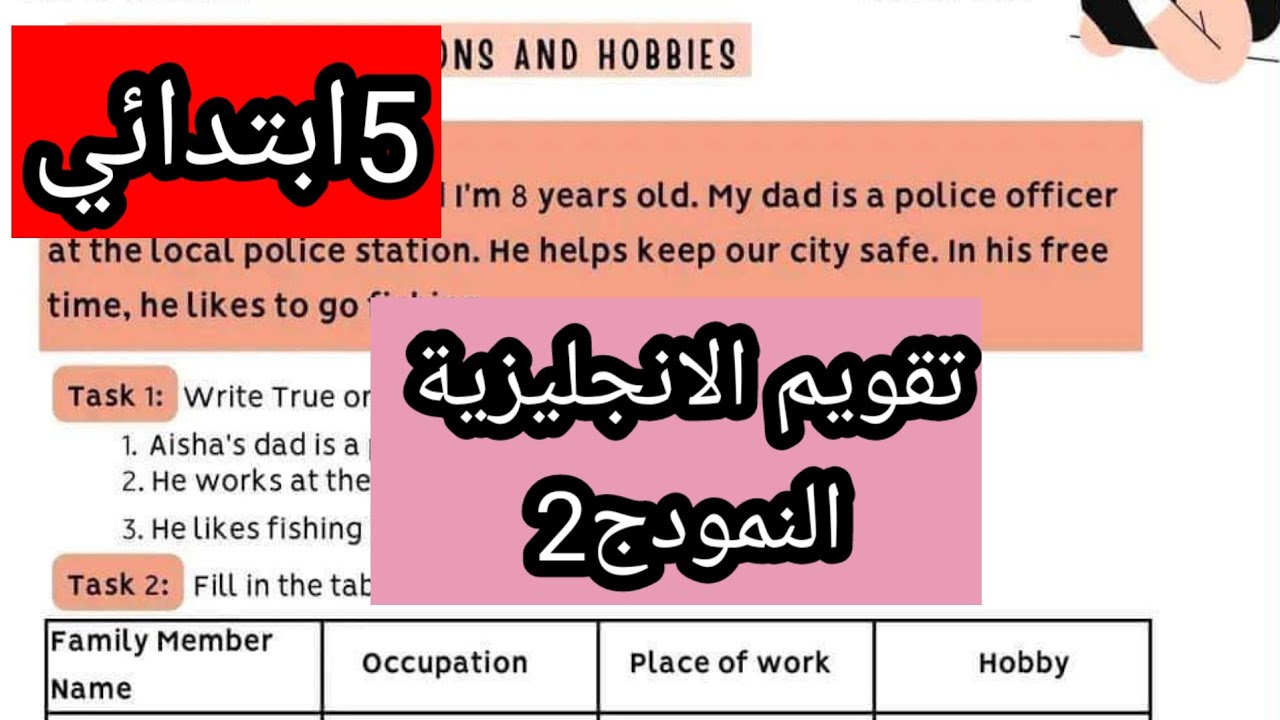 تقويم في الانجليزية الخامسة ابتدائي النمودج2