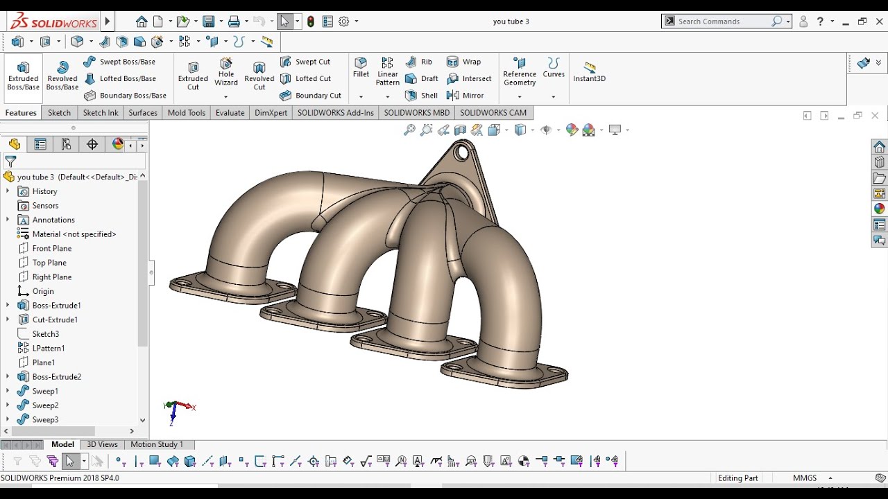 Exhaust Manifold in Solid works||Tutorial for Creating Exhaust Manifold in Solid works
