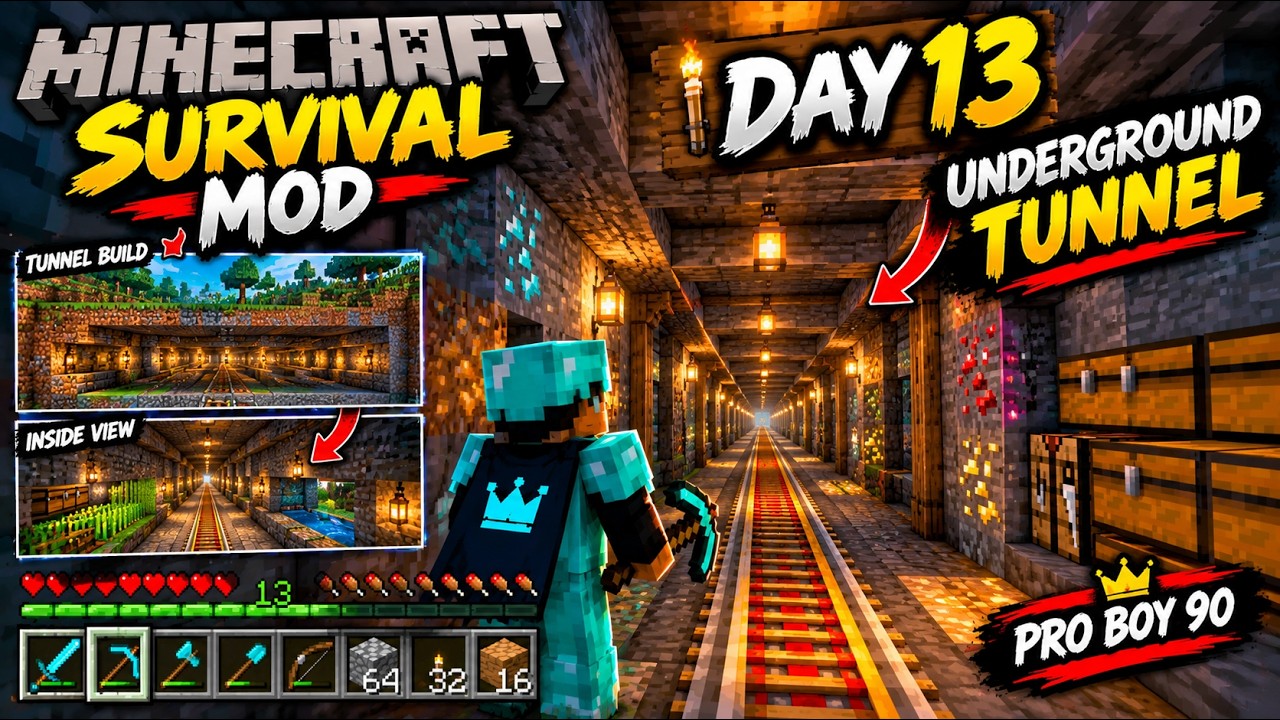 🔥 Minecraft Survival Mod Day 13 ⛏️ | Making an Underground Tunnel! 😱🚇 ...