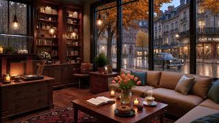 Elegant Autumn Café Ambience 🍂 Soft Jazz Piano & Rainy Window for Reading & Relax screenshot 4