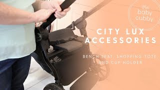 Baby Jogger Lux Accessories- Bench Seat, Shopping Tote and Cup Holder - YouTube