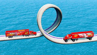 Mack Truck vs Monster Mack Truck vs Impossible Spiral Bridge Crossing Cars Vs Deep Water - BeamNG
