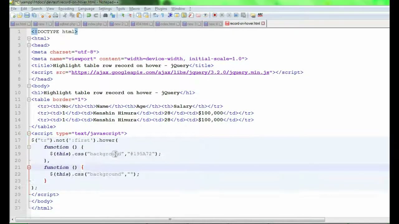 Highlight table row record on hover - jQuery