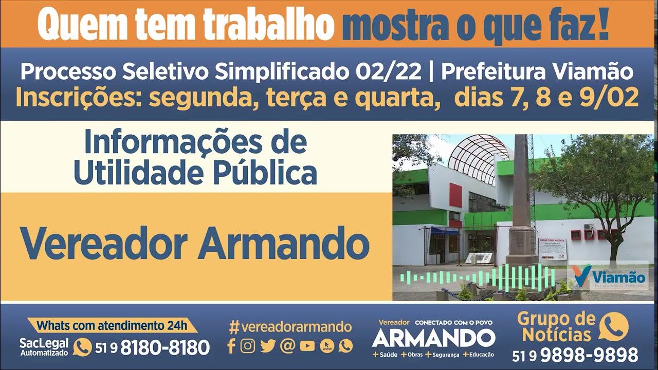 ⁣09/02/2022 - Termina hoje, as inscrições das 48 vagas de emprego, na Prefeitura