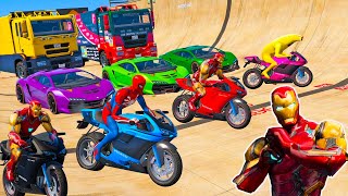 HOMEM ARANHA, IRONMAN e AMIGOS NOVO DESAFIO COM CARROS, MOTOS NA RAMPA Wallride - GTA 5