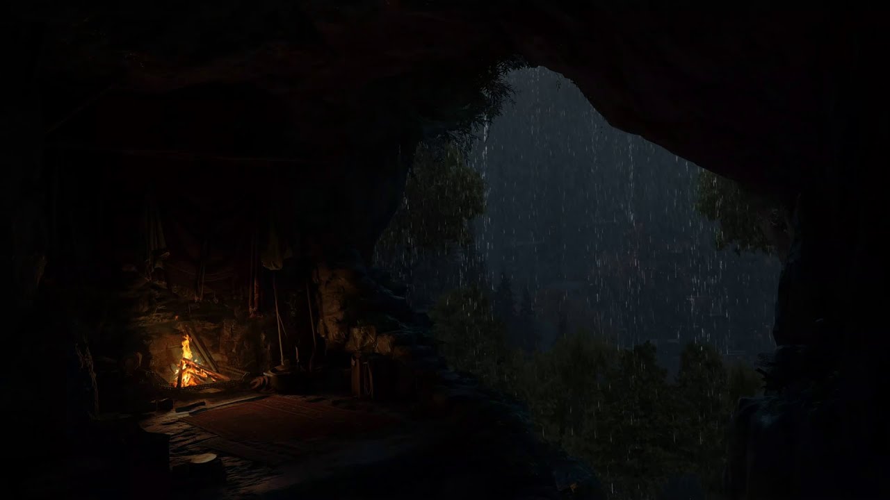 Relaxando Em Uma Caverna Em Um Dia Chuvoso Ao Lado De Uma Lareira Aconchegante – Meditação