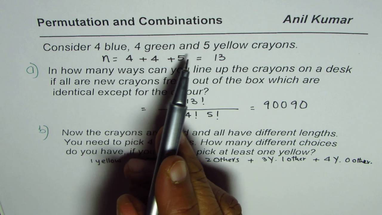 Permutation at least one yellow Combination 4 blue 4 green 5