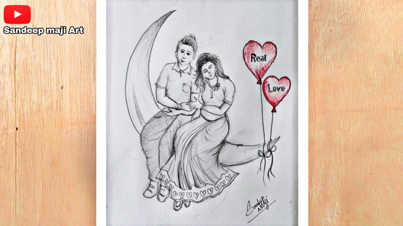 How to draw Romantic Couple sitting on the Moon - with Pencil Sketch 