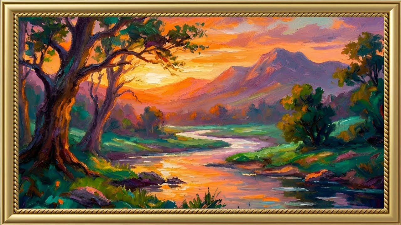 Impasto Landscape Art 4K | Golden Sunset River | Colorful Oil Painting ...