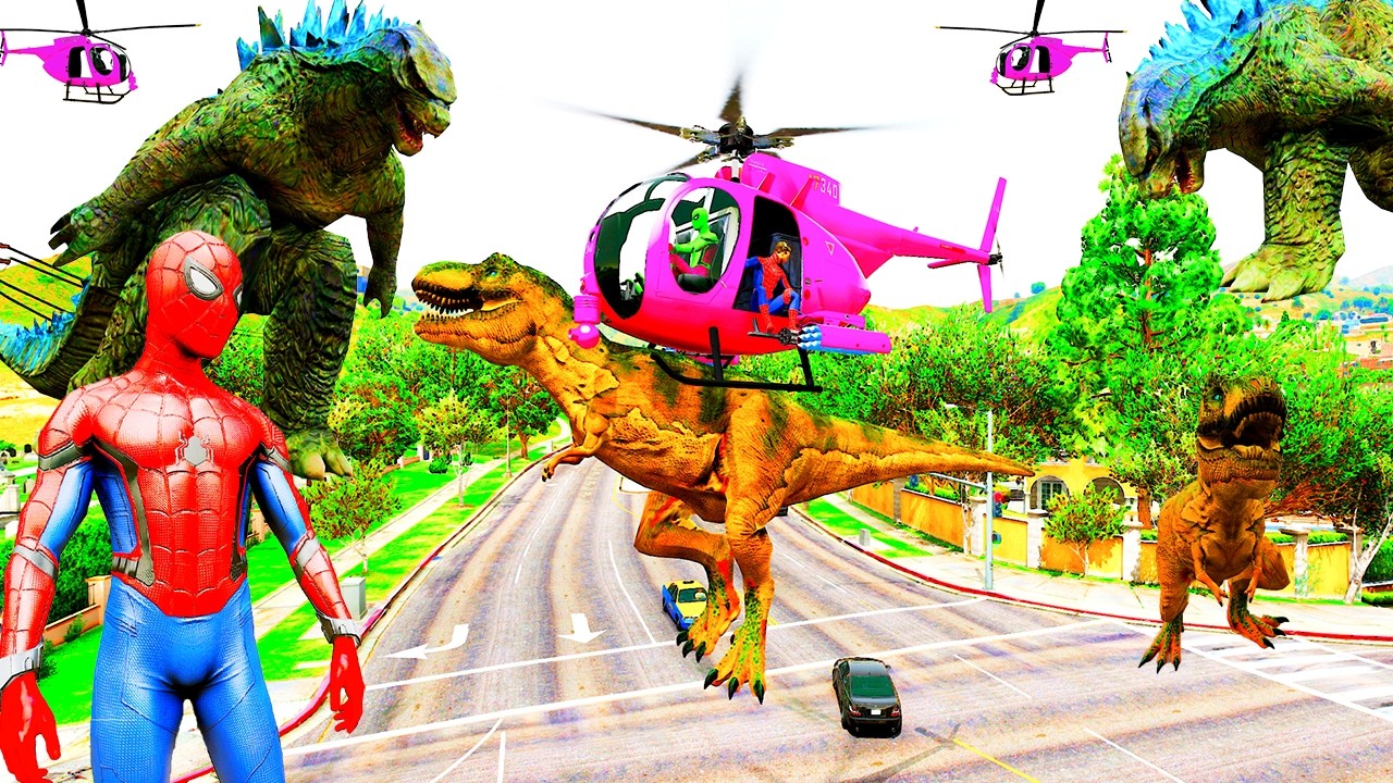 Con Khủng Long Bạo Chúa To Chạy Xe Ô Tô, Máy Bay Cùng Siêu Nhân Người Nhện! Dinosaur T Rex Superhero