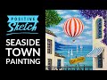 Acrylic painting, Easy, Seaside Town, Painting tutorial for beginners