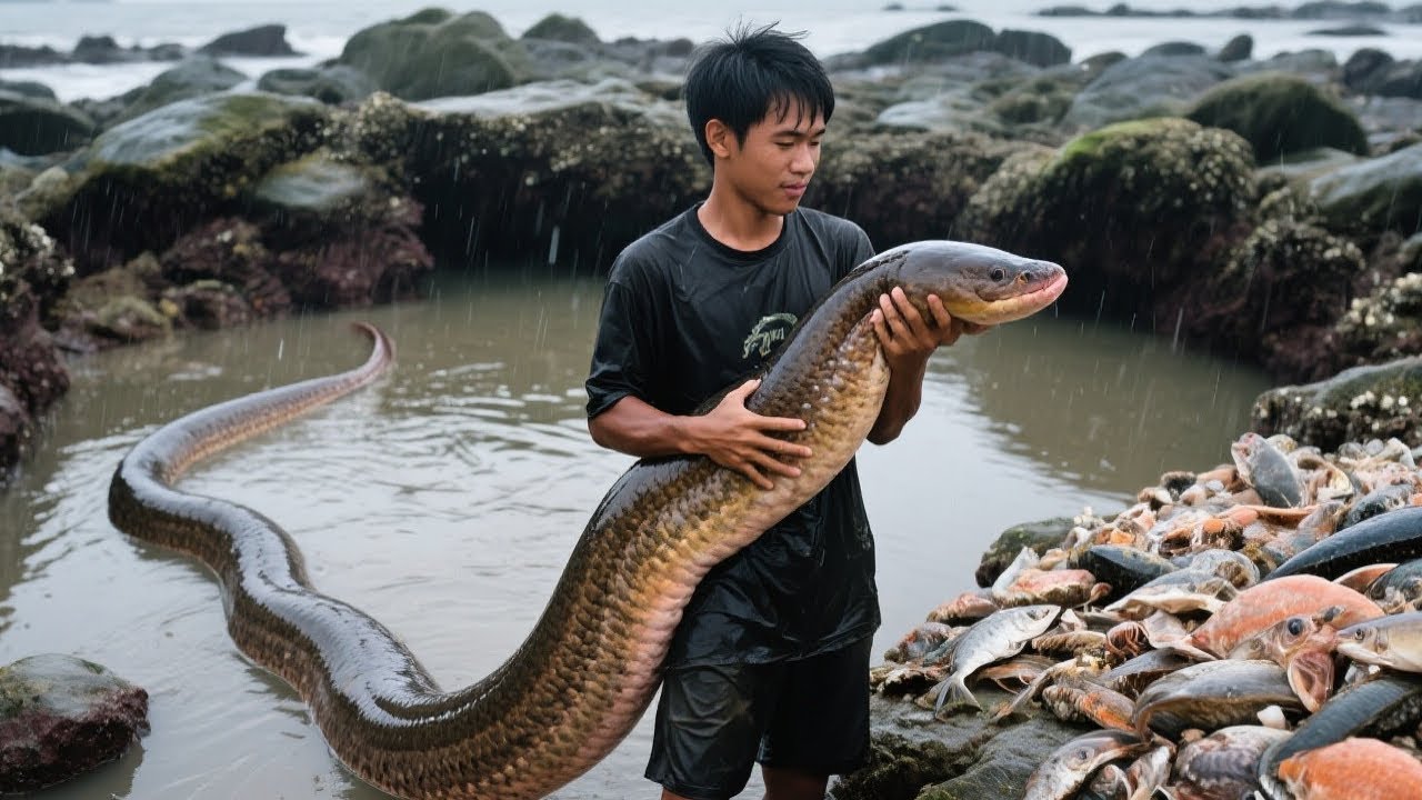 斥巨资花170买扒皮鱼打窝，竟意外收获米级海鳗，一条鱼回本大赚5000【阿甘阿甘大海抽干】