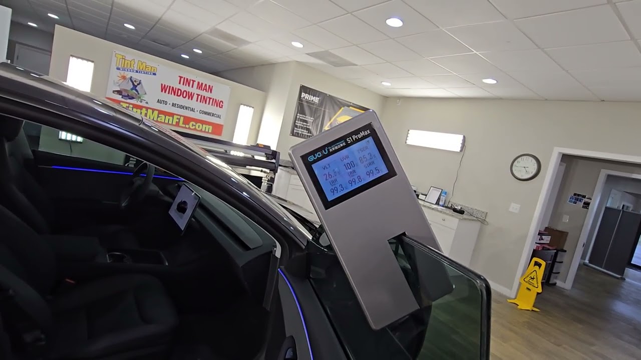 Window Tint Meter reads TSER, Infrared, UV, and VLT on Xpel XR Plus Multilayer Ceramic Window Film.