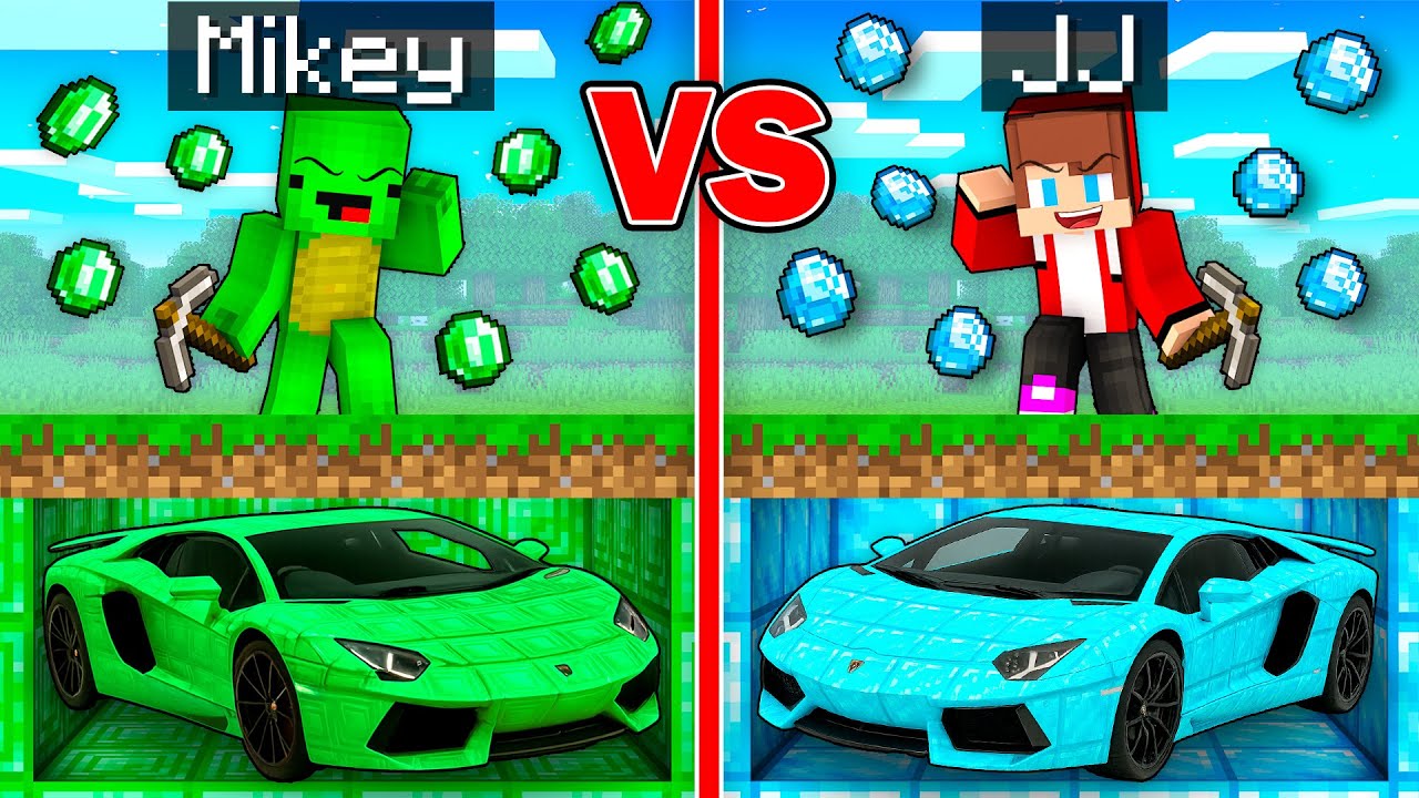 Mikey EMERALD vs JJ DIAMOND Super Car Mine Battle in Minecraft - Maizen