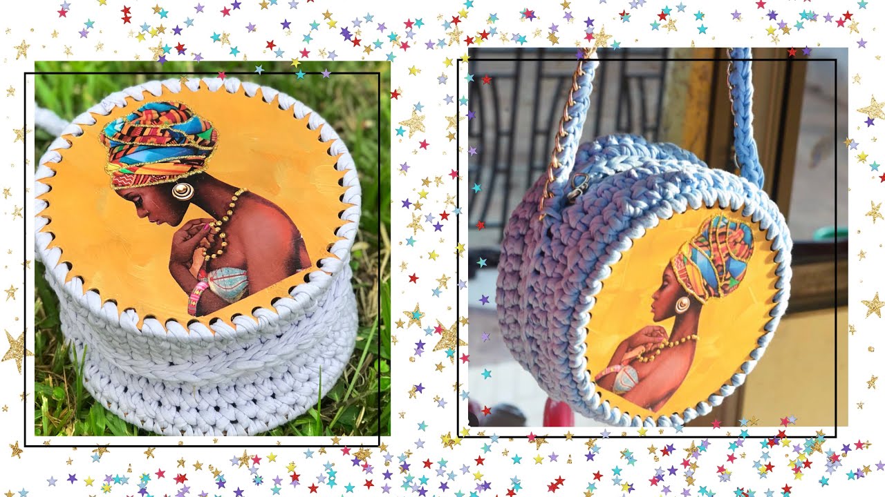 Вязаный деревянный круг для футболки и мешочка для пряжи (в африканском стиле)