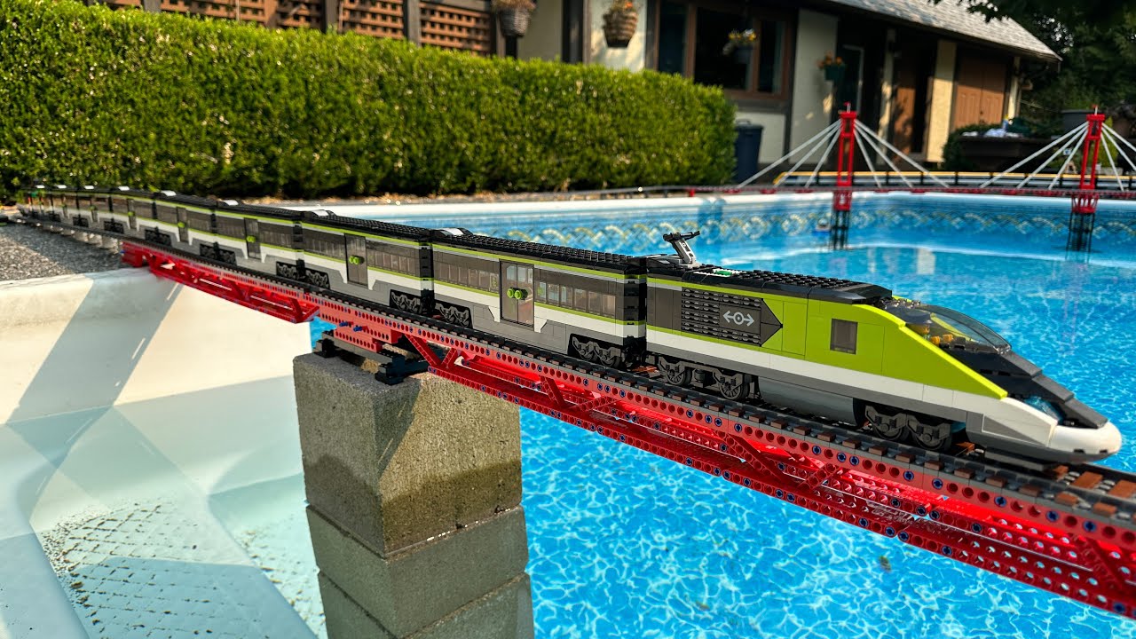 Lego Train Cab Ride on 2 Bridges and Around The Pool! 