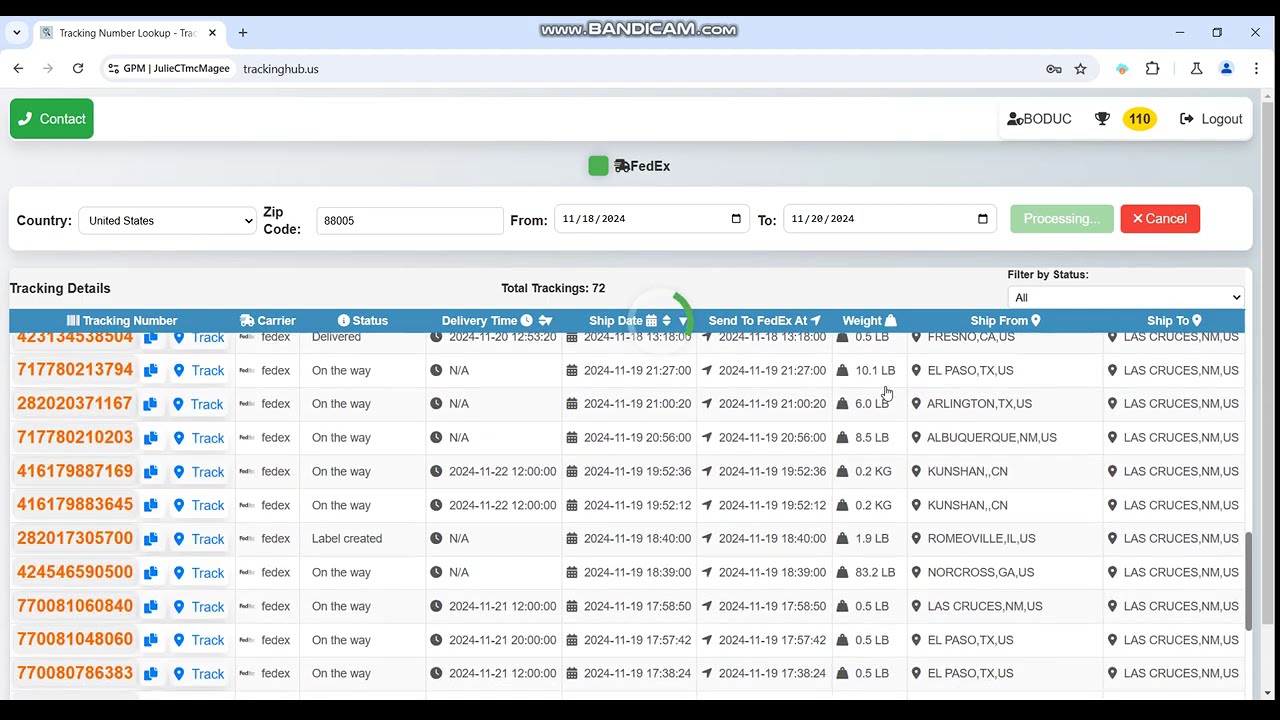 Tracking Number for Las Cruces, NM 88005, USA