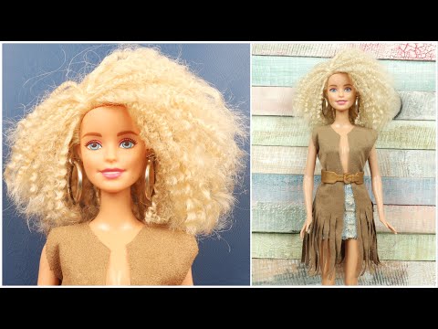 DIY BARBIE HAIRSTYLES & CLOTHES, How to Make Curly Doll Hair, Deep V Neck Top and Miniature Earrings