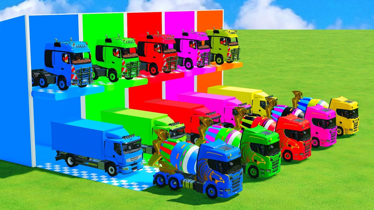 Garage with Colors - ALL MIXER TRUCK WITH DOUBLE FLATBED TRAILER TRUCK, KENWORTH, VOLVO, RENAULT