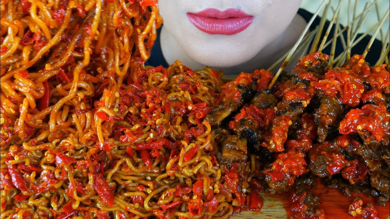 ASMR INDOMIE GORENG ACEH CAMPUR CABE RAWIT DAN SATE AYAM PEDAS 29 TUSUK | ASMR MUKBANG INDONESIA