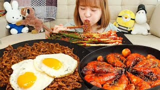 COOKING MUKBANG :) BLACK BEAN NOODLES, SPICY FIRE SHRIMP, FRESH GREEN ONION KIMCHI.