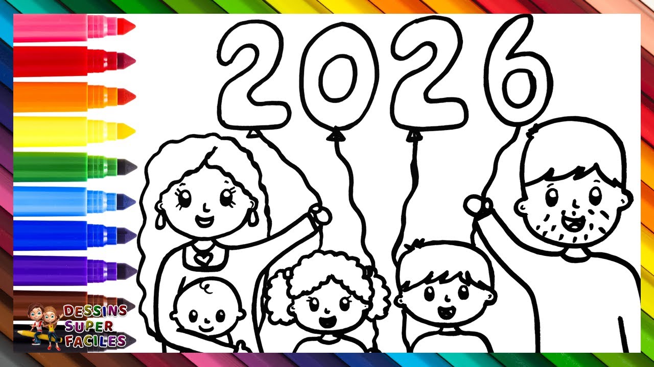 Dessiner et Colorier une Famille le Soir du Nouvel An 👩👨👶👧👦🎉🎈❤️ Parents et Enfants 👨‍👩‍👧‍👧2026🎉🌈