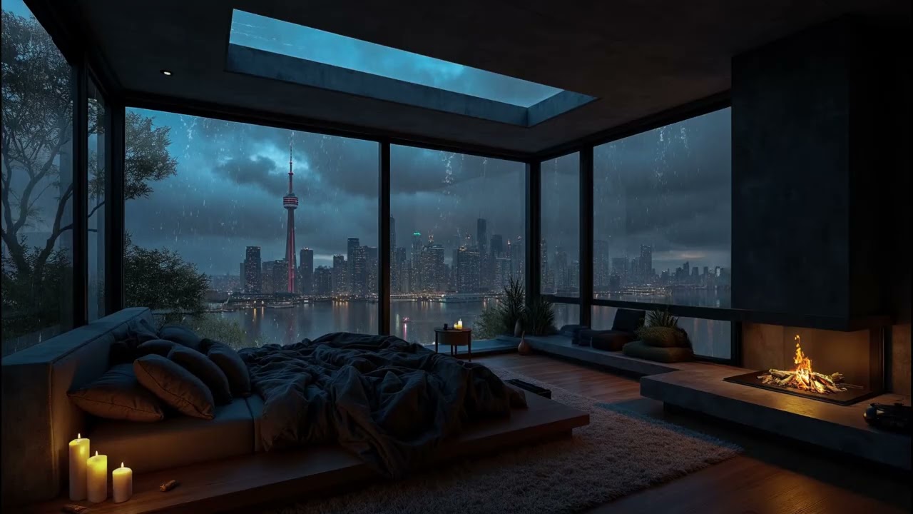 Luxury Apartment Rain in Shanghai 🌧️Cozy City Night Ambience With Rain On Window & Fireplace Sounds