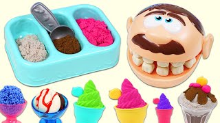 Feeding Mr. Play Doh Head Kinetic Sand Ice Cream Cones & Play Doh Desserts with Surprise Toys