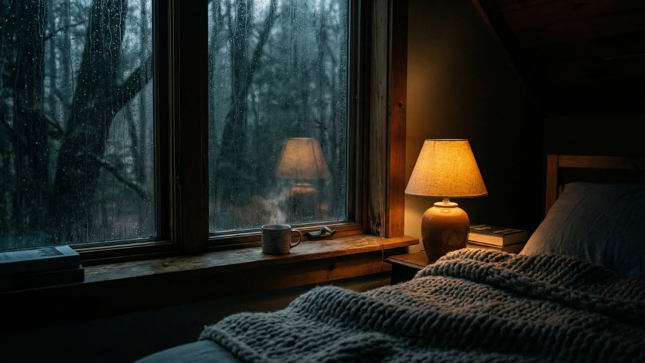 Heavy Rain Sounds on Glass Window with Cozy Sleeping Cat 💤 Relaxing Night Sleep Video