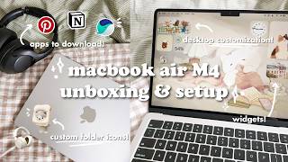 MacBook Air M4 Unboxing & Setup 💻 aesthetic desktop & widgets, custom folders, apps to download