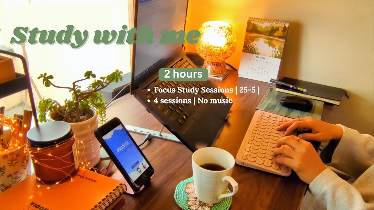 2 HOURS STUDY WITH ME |Pomodoro 25/5 🍅⏳ | Background sounds| No music ...