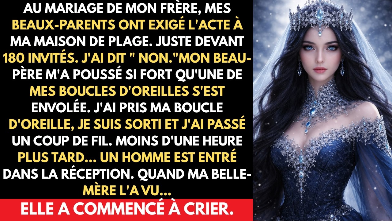 La poussée a envoyé ma boucle d'oreille en diamant glisser sur le marbre devant 104 invités. Mon beau-père venait de me demander, en pleine réception de mariage, de signer l'acte de la maison...