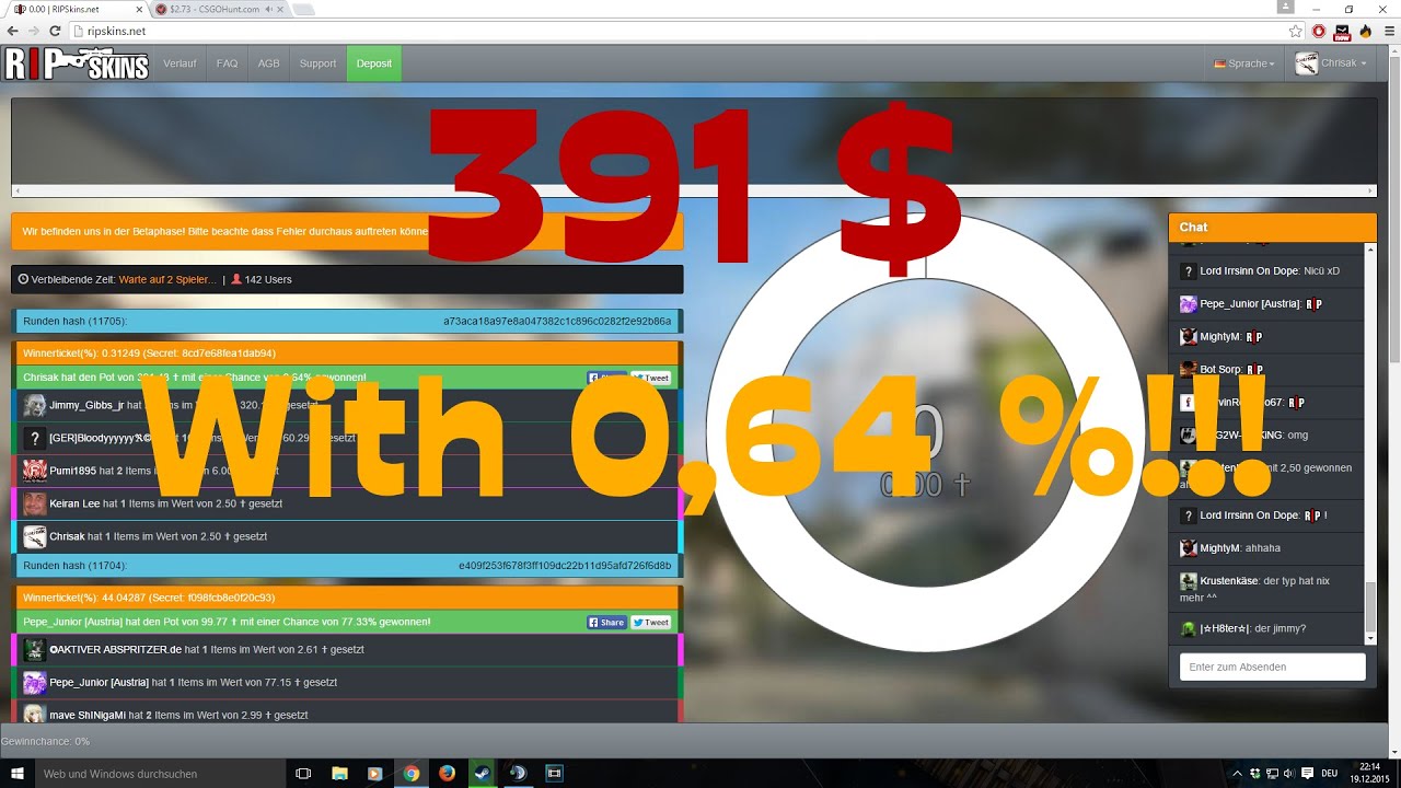 RIPskins.net 391 Dollar WIN with 0,64 %!!! CS GO reaction
